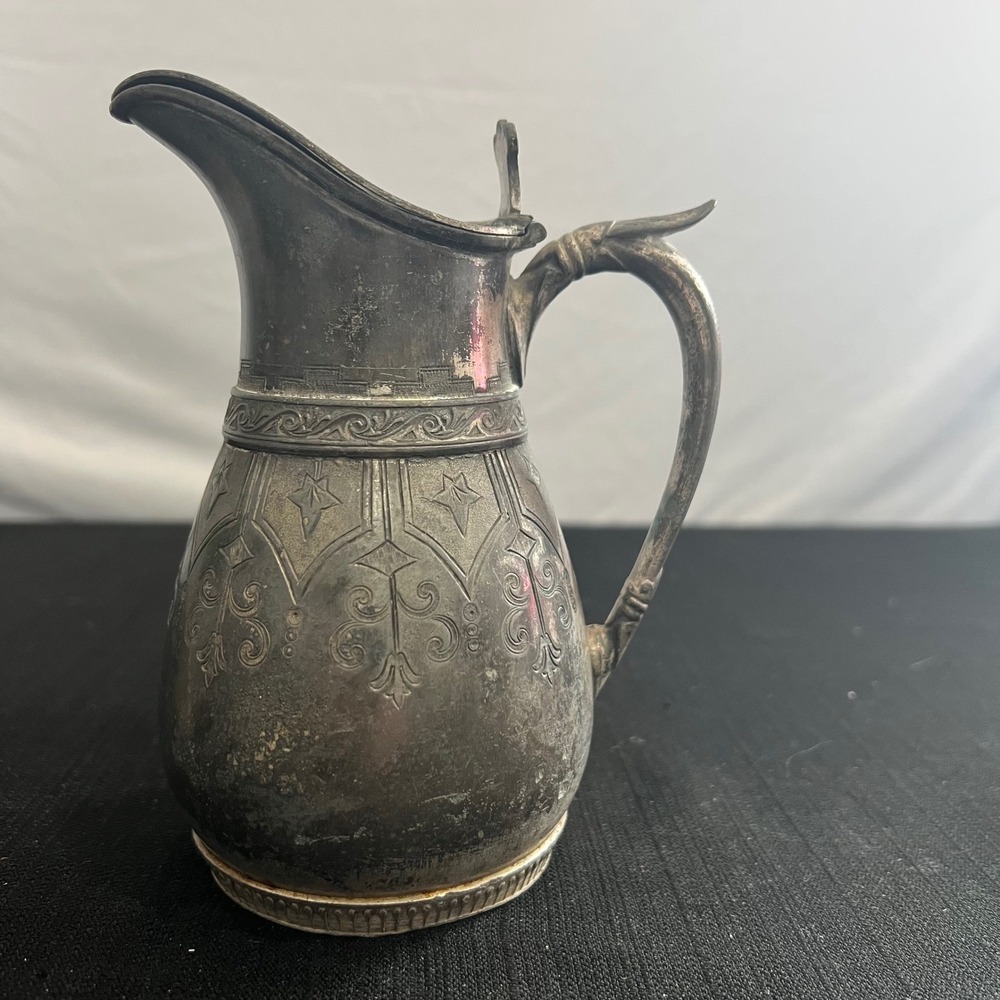 Antique Meriden Britannia Co Silverplate Pitcher 1870 Etched Victorian Jug Lid